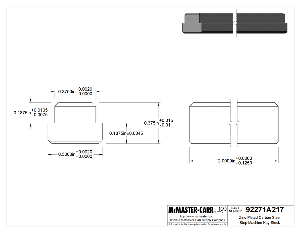 Technical Drawing of Zinc-Plated Carbon Steel Step Machine Key Stock, for Shafts, for 1/2" Wide x 3/16" High Shaft Keyway.